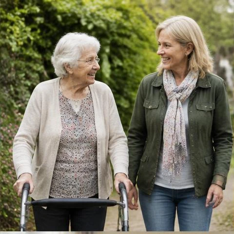 Seniorin mit Begleiterin beim Spaziergang