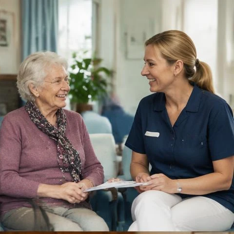 Seniorin im Gespräch im Wartebereich