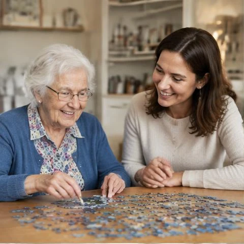 Seniorin und Begleiterin beim Puzzlespiel