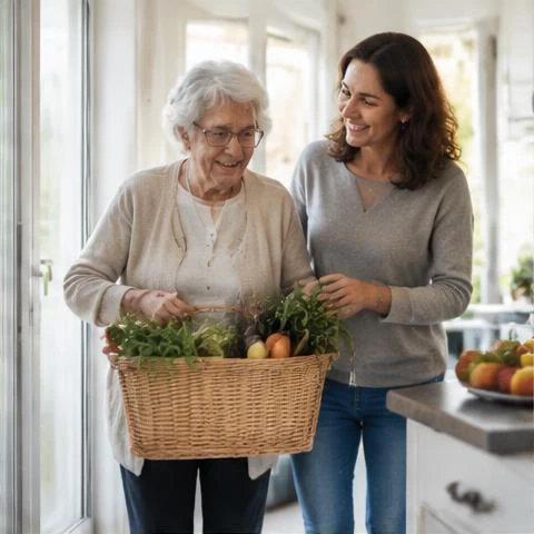 Seniorin und Begleiterin tragen einen Einkaufskorb